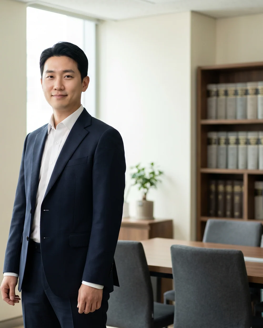 정장 차림으로 차분히 카메라를 응시하는 변호사 프로필