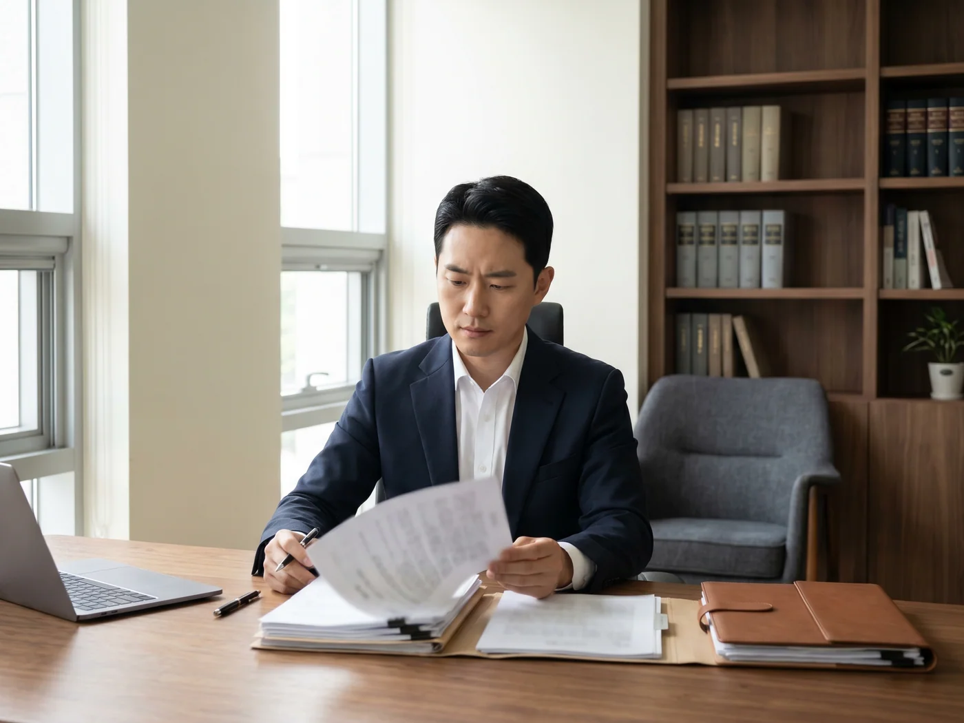 서류와 노트북을 함께 살피며 자료를 검토하는 모습