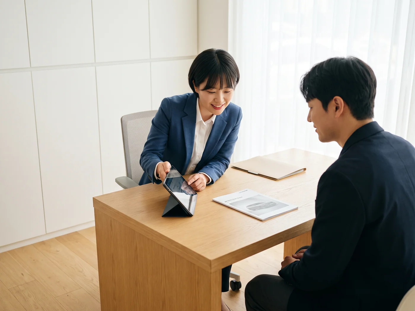 태블릿으로 차량 조건을 함께 살피는 상담 장면